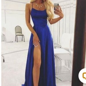 Royal blue satin prom dress with side slit